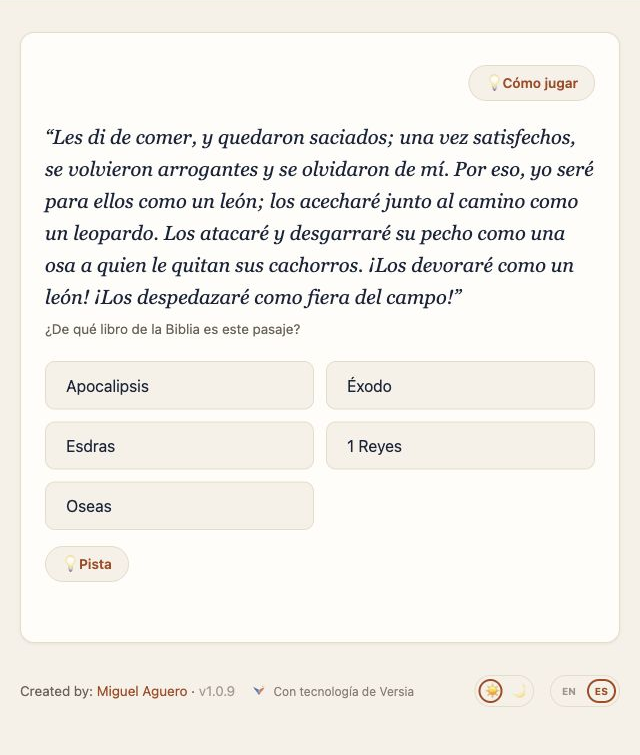 Captura de Versario con un pasaje bíblico y cinco libros como opciones