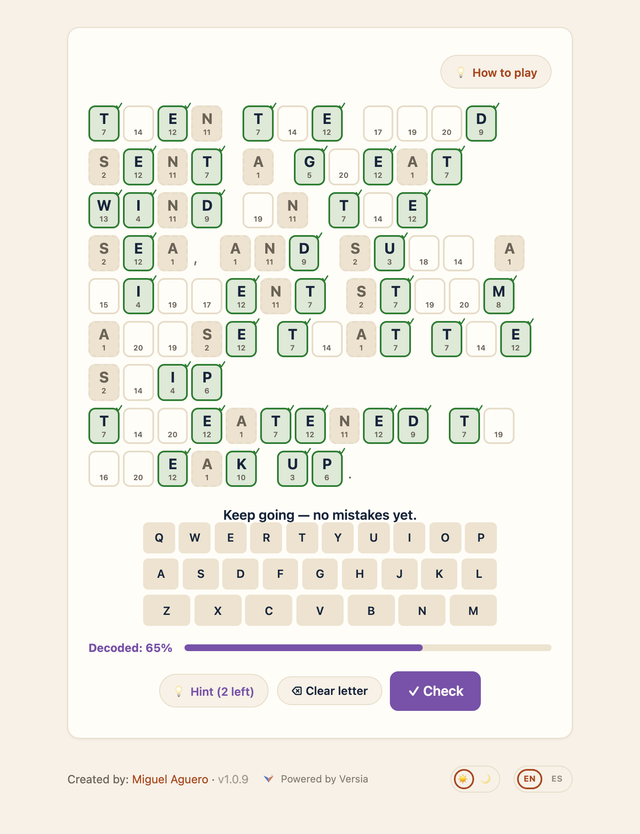 Versicode game screen with a partially-solved Bible-verse cryptogram