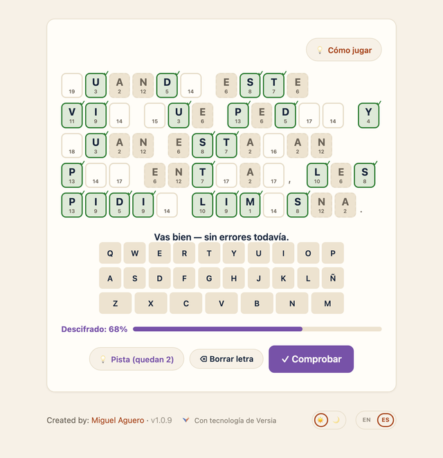 Captura de Versicode con un criptograma bíblico parcialmente resuelto