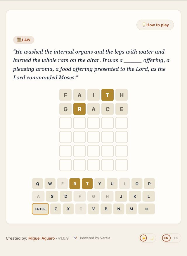 Versle game screen with a Bible sentence, letter grid, and keyboard
