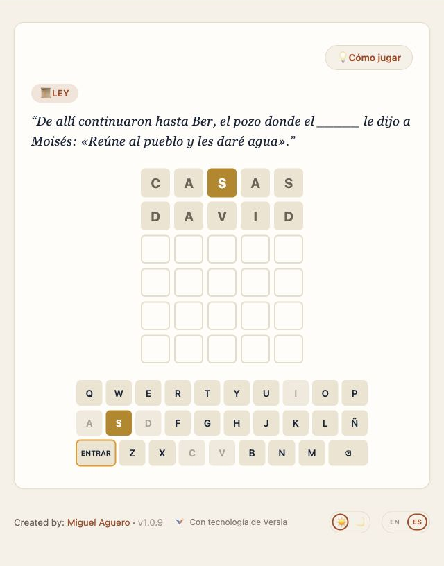 Captura de Versle con una frase bíblica, tablero de letras y teclado