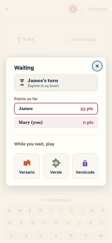 A player’s mobile Versus screen while waiting their turn, with the scoreboard and other games to pass the time